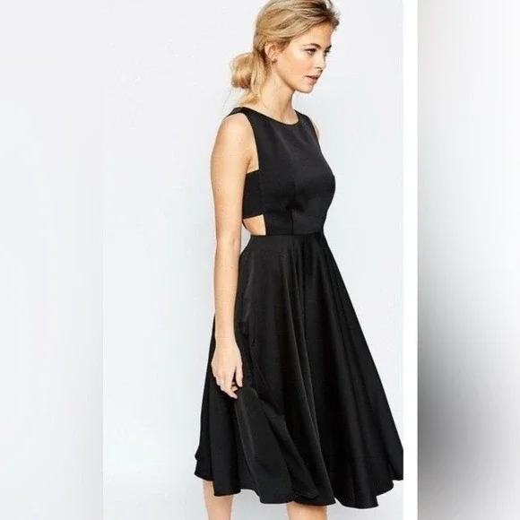 Ted Baker Black Sleeveless Midi Dress Cutout Waist Zipper Back Size 2